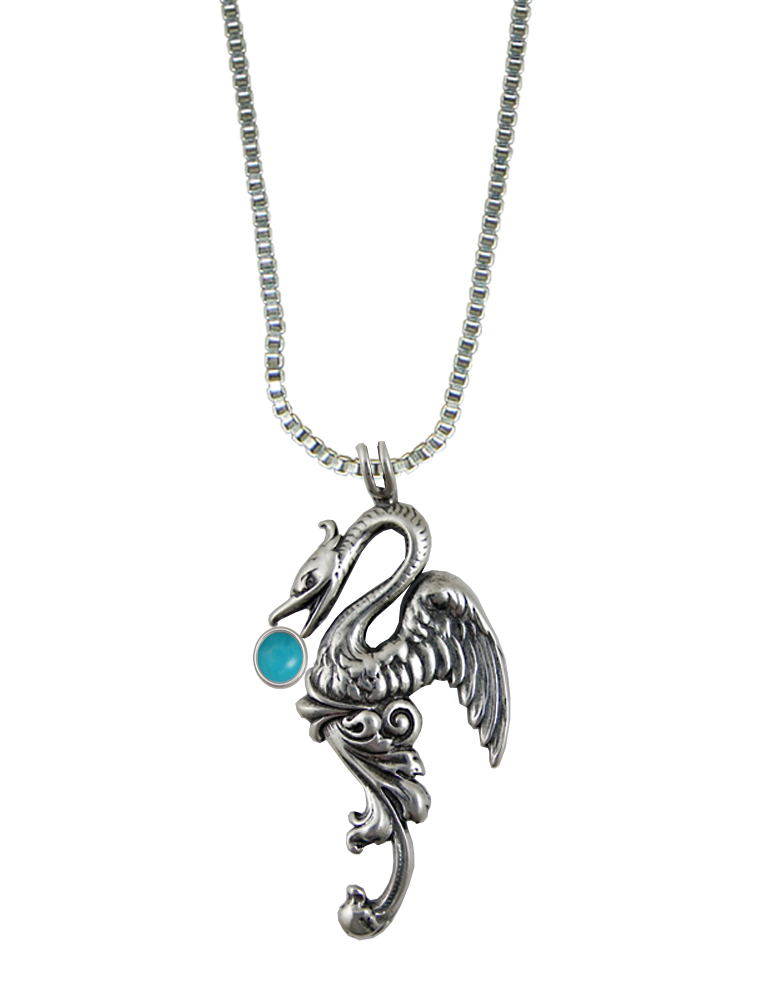 Sterling Silver Medieval Phoenix Sun Bird Pendant With Turquoise